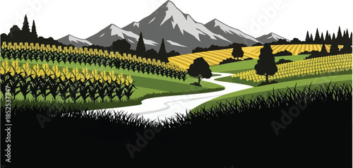 Scenic landscape with mountains fields and a river silhouette on transparent background