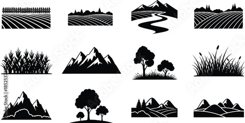 Black nature landscape elements collection with trees mountains on transparent background silhouette