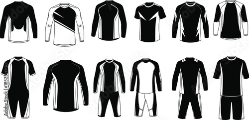 Collection of various black and white t shirt designs on transparent background silhouette