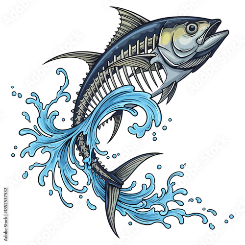 tuna fish skeleton fishing logo illustration vector image t shirt design