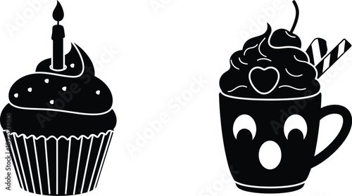 Black silhouette of a cupcake and hot chocolate on transparent background