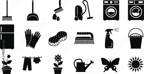 Black household items and gardening tools collection on transparent background silhouette
