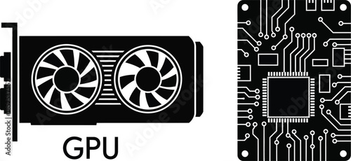 Graphics processing unit and circuit board illustration on transparent background silhouette