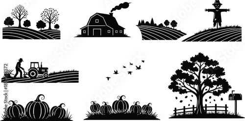 Autumn farm landscape elements in black and white ideal for design on transparent background silhouette