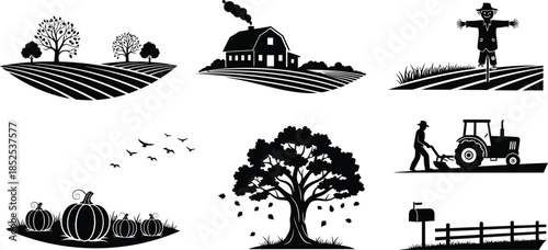 Farm scenery with barn tractor and scarecrow on transparent background silhouette