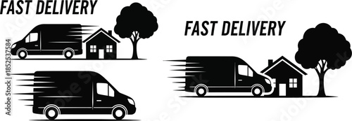 Fast delivery service with vans houses and trees silhouette on transparent background