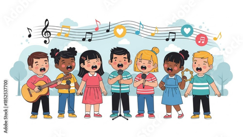 Diverse group of happy kids singing together outdoors with musical instruments and notes