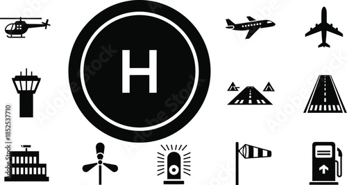 Black aviation icons including helicopter airplane and airport on transparent background silhouette
