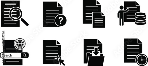 Collection of document icons with finance and search elements on transparent background silhouette