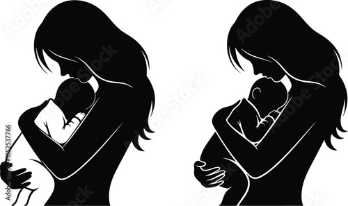 Mother and baby silhouettes in a tender embrace on transparent background
