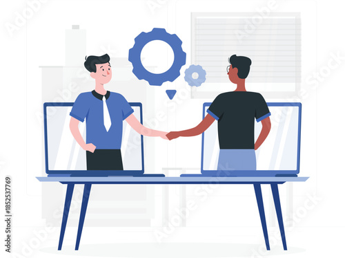 Two men shaking hands over a desk with gears above handshake office desi