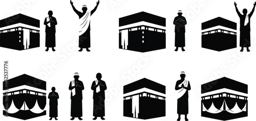 Islamic pilgrimage icons featuring the kaaba and pilgrims silhouette on transparent background