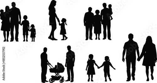 Family silhouettes, caregiving icons, baby stroller clipart, inclusive family vector, lifestyle bundle, diverse relationships, black figures, standing poses, children holding hands