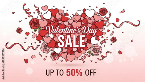 Valentine's day sale with hearts flowers and gifts on pink background, up to 50 percent off discount