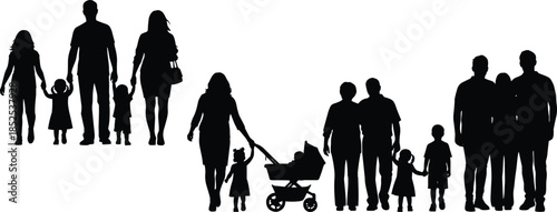 Family silhouettes, generational icons, baby stroller clipart, inclusive family vector, lifestyle bundle, diverse relationships, black figures, standing poses, caregiving symbols