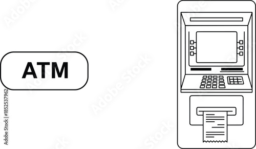 ATM, machine, icon, banking, finance, cash, withdrawal, payment, terminal, kiosk, money, outline, black, white, vector, illustration, isolated, flat, minimal, design