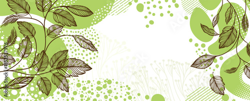 Beautiful decorative floral background with leaves and spots. Floral card. Hand drawn. Not AI, vector illustration