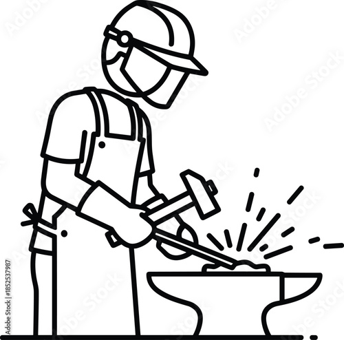 Blacksmith working icon vector, metal forging craftsman illustration, industrial worker concept, anvil hammer tool, black cad drawing flat vector illustration