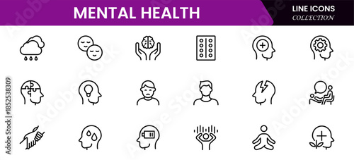 Mental health line icon set. Anxiety, stress, psychology, brain, etc, symbols  collection Vector illustration