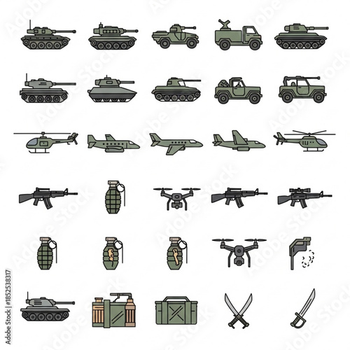 Military vehicles and weapons icons set including tanks and guns