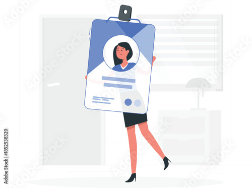 Woman holding large resume clipboard cartoon business desi