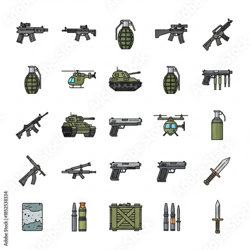 Collection of various military weapons and equipment
