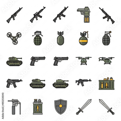 Collection of various military weapons and equipment icons