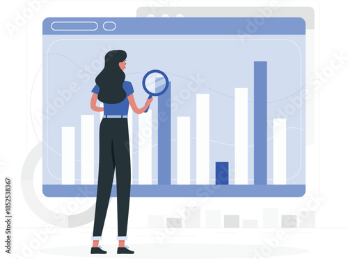 Woman holding magnifying glass in front of large web browser window with bar graph analysis d