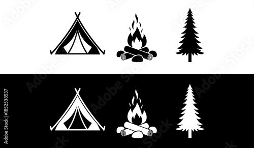 Camping icons set with tent fire and tree