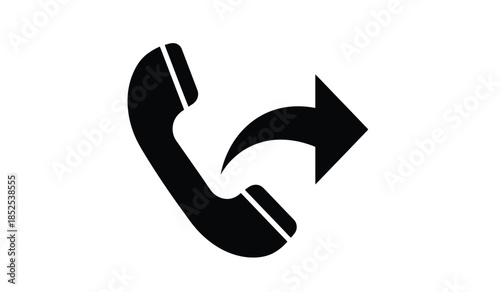 A simple black silhouette depicting a telephone handset combined with an arrow pointing to the right illustrating communication and redirection