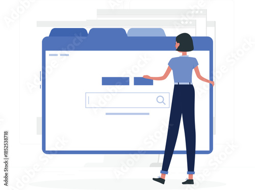 Woman interacting with large browser window computer search