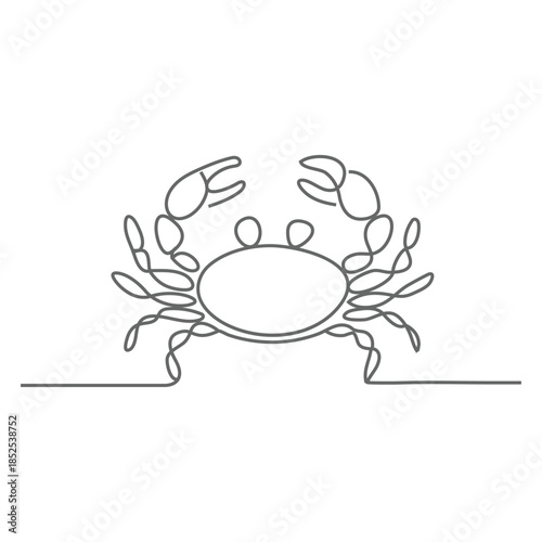 One continuous line illustration of a crab, isolated on white background.  Continuous Line Drawing of Seafood Icon. 