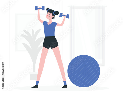 Woman lifting dumbbells with exercise ball and plant in background fitness workout de
