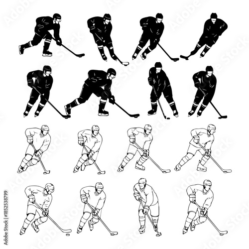 ice hokey player in action icons set