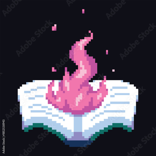 this is pixel art magic book spawn fire this item good for presentations,stickers, icons, t shirt design,game asset,logo and your project