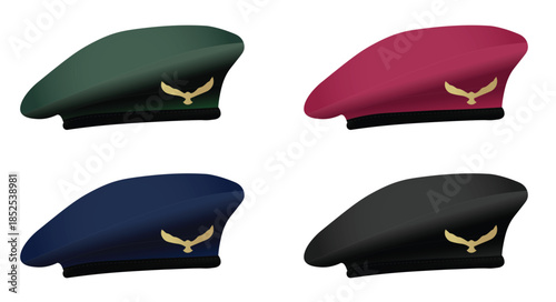 Military army cap collection in multiple colors realistic uniform headwear design