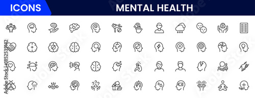 Mental health line icon set. Anxiety, stress, psychology, brain, etc, symbols  collection Vector illustration