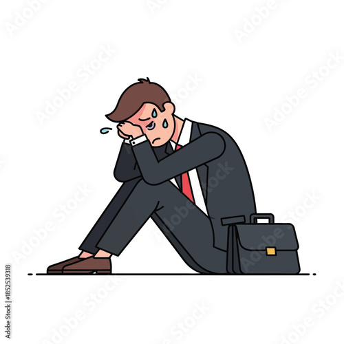 Distressed businessman sitting on the floor, head in hands, feeling overwhelmed and sad, with a briefcase beside him.