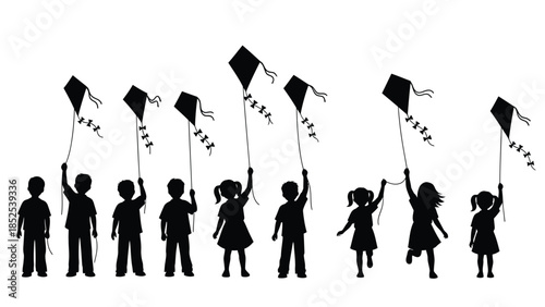 Children Silhouettes Flying Kites in the Sky Fun Outdoor Activity