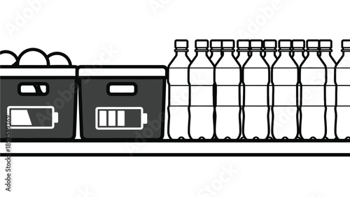 Donation boxes and bottled water for disaster relief efforts