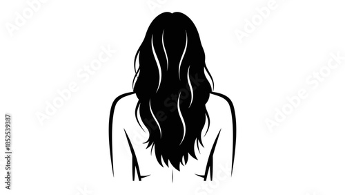 Elegant silhouette of a woman with long, flowing dark hair, seen from behind.
