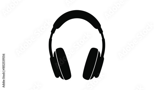 A minimalist depiction showcases a pair of sleek black over ear headphones against a stark white background emphasizing audio technology