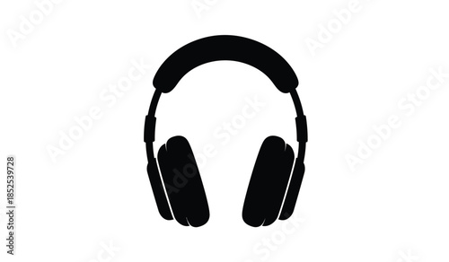 A stark black and white illustration depicts a pair of over ear headphones emphasizing simplicity and modern audio technology and style