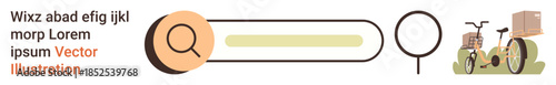 User interface, logistics, search tools, delivery, e-commerce, digital navigation. Includes a search bar with a magnifying glass icon and a cargo delivery bicycle. User interface and logistics theme