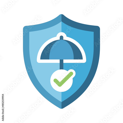 Secure Protection Shield with Umbrella and Check Mark Icon Symbolizing Safety and Assurance