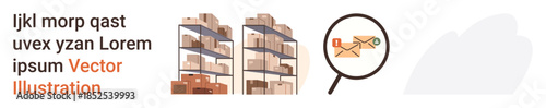 Logistics, inventory management, postal services, supply chain, e-commerce, delivery tracking. Shelves filled with packages, magnifying glass over an email icon. Logistics and inventory management