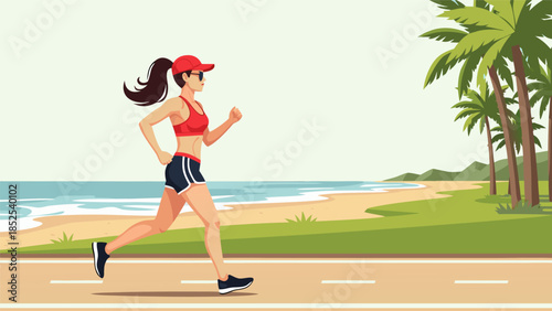 Fit woman jogging on a sunny day along a tropical beach path