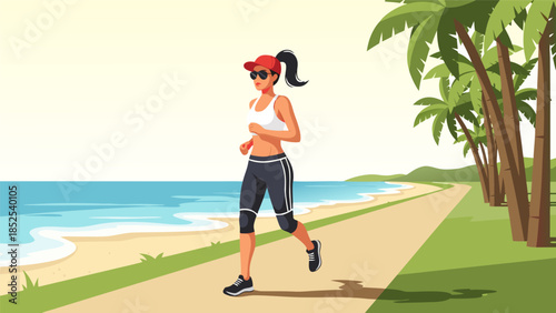 Fit woman in athletic wear jogging on a tropical beach path with palm trees and ocean view