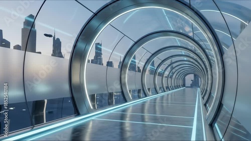 Futuristic Glass Tunnel. Perspective view down an infinite tunnel constructed from reflective, frosted glass and sleek titanium panels. Soft internal illumination, cool blue and white tones, architect