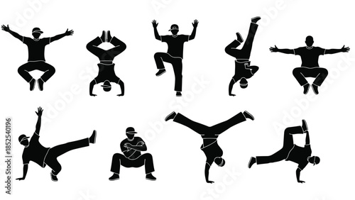 Breakdancing silhouettes in various dynamic poses and movements